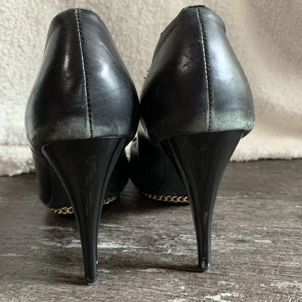CHANEL Rare‎ Black Lambskin Camellia Stiletto Chain Heel Size 40